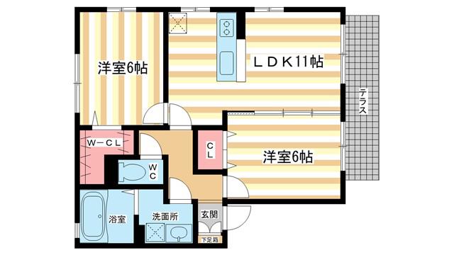 リビングタウン四条大路D棟(2LDK/2階)の間取り写真