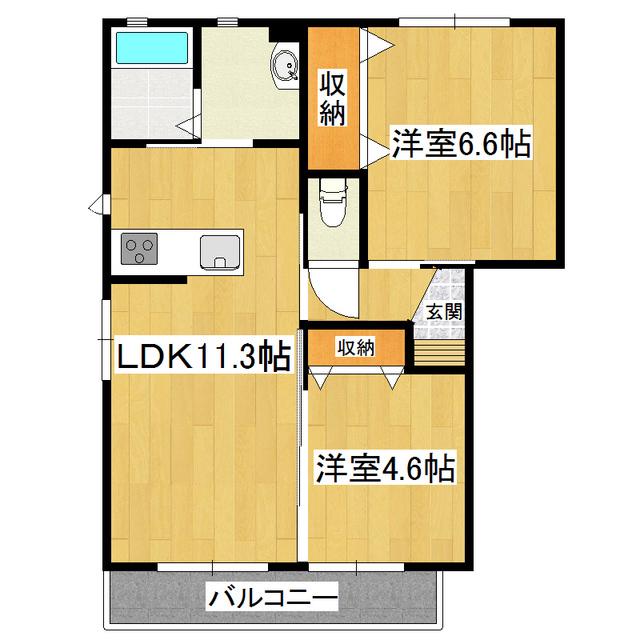 ウッドビレッジA棟(2LDK/2階)の間取り写真