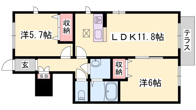 東加古川ビバリーヒルズ(2LDK/1階)の間取り写真