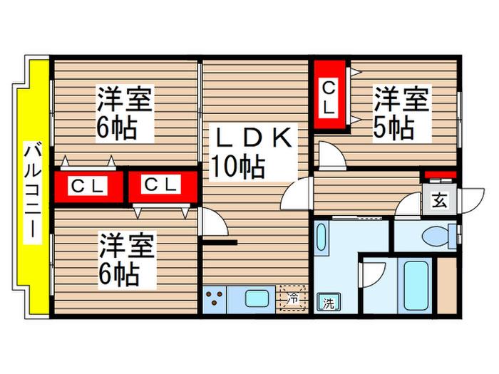 サンライズヒル朝日ヶ丘C棟(3LDK/2階)の間取り写真