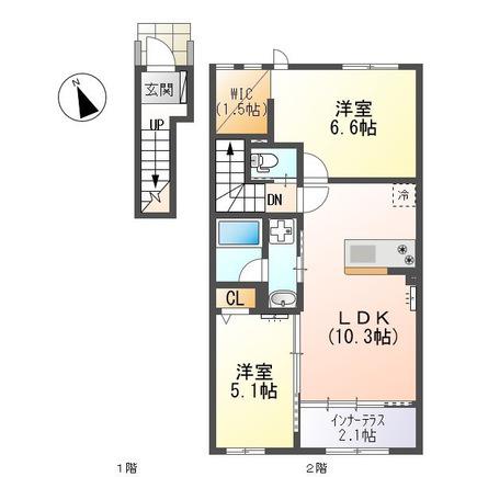 PLUMERIA(2LDK/2階)の間取り写真