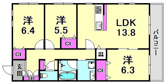 エフティー西宮北口 A棟(3LDK/2階)の間取り写真