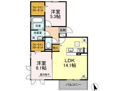 ラナマラキB棟(2LDK/1階)の間取り写真