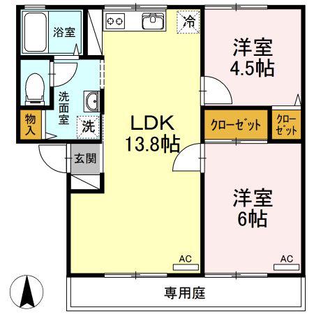 ミル・フルールC棟(2LDK/1階)の間取り写真