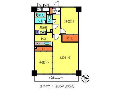 フェリーチェ(2LDK/6階)の間取り写真