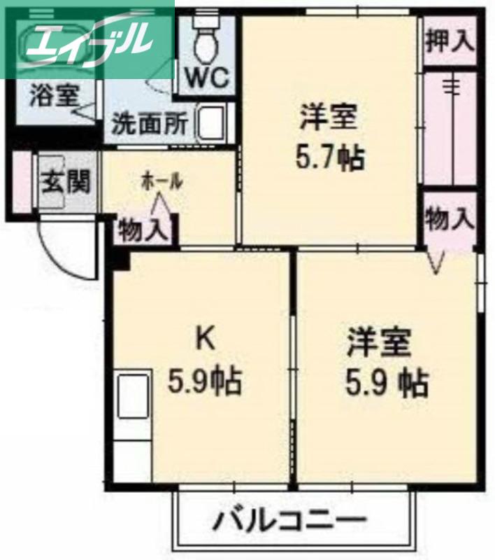 パークヒルB棟(2K/2階)の間取り写真
