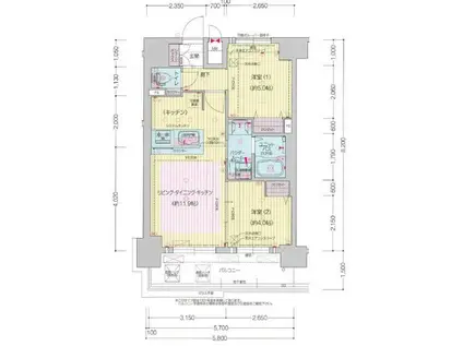 プレサンス伏見アーバンベース(2LDK/14階)の間取り写真