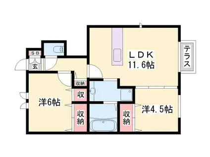 アンソレイユファミーユB棟(2LDK/1階)の間取り写真