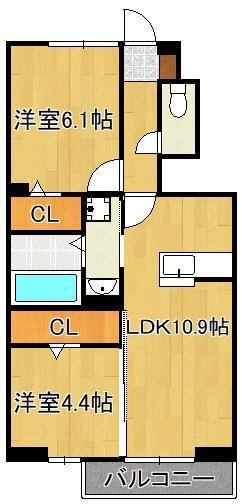 ラシュレ雅(2LDK/1階)の間取り写真