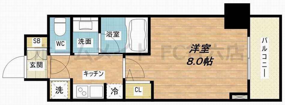 QCフラット北堀江(1K/4階)の間取り写真