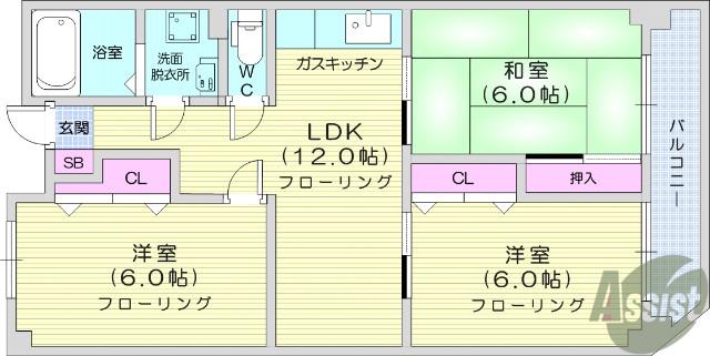 吉田宮町ビル(3LDK/2階)の間取り写真