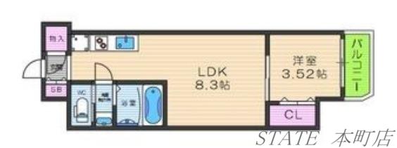 MONOTONE弁天町(1LDK/4階)の間取り写真