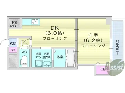 スズキヒルズ(1DK/6階)の間取り写真