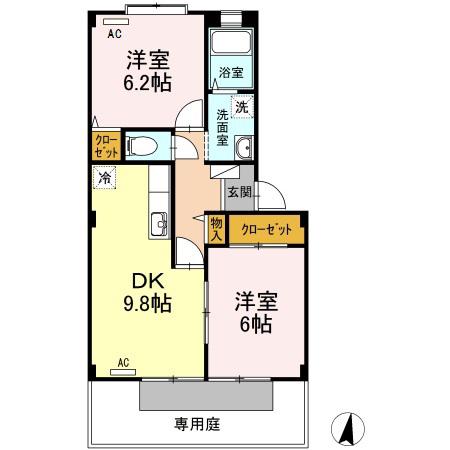 フォブール十三軒屋(2DK/1階)の間取り写真