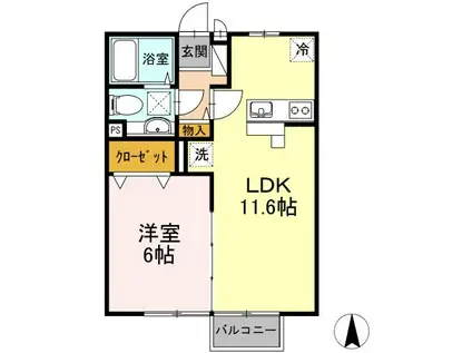アルファーム A棟(1LDK/2階)の間取り写真
