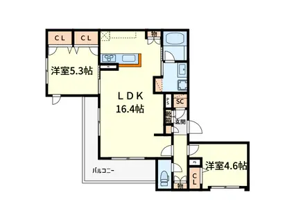 シャーメゾン高槻市赤大路町(2LDK/2階)の間取り写真