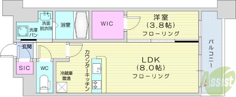 レジディア仙台北四番丁プレイス(1LDK/7階)の間取り写真