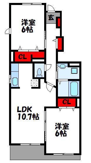 ヒルズ宮司III(2LDK/1階)の間取り写真