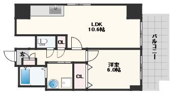 サニーサイド玉造(1LDK/6階)の間取り写真
