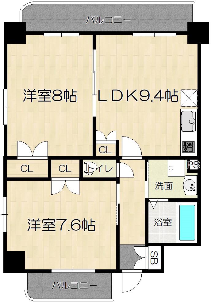 ふぁみーゆ服部天神(2LDK/9階)の間取り写真