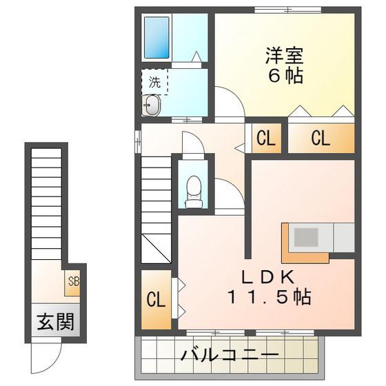 ヴェルデュールB棟(1LDK/2階)の間取り写真