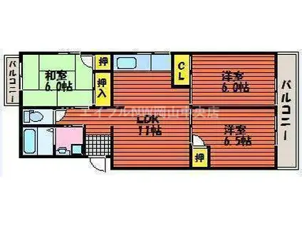 クオーレ撫川B棟(3LDK/1階)の間取り写真