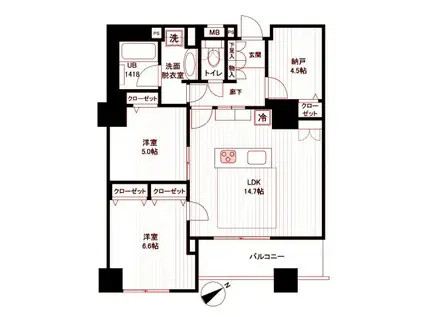 ドゥーエ横浜駅前(2SLDK/18階)の間取り写真