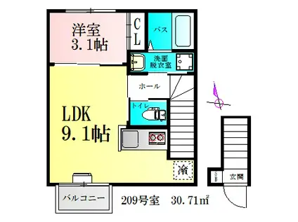 CLOUDNINE台原(1LDK/2階)の間取り写真