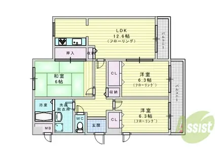 ハイツ桃山2(3LDK/3階)の間取り写真