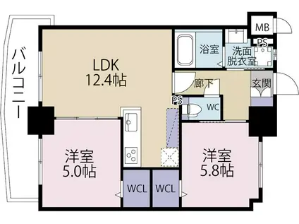 LA CASA戸畑(2LDK/9階)の間取り写真