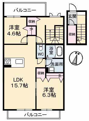 アルファA棟(2LDK/2階)の間取り写真