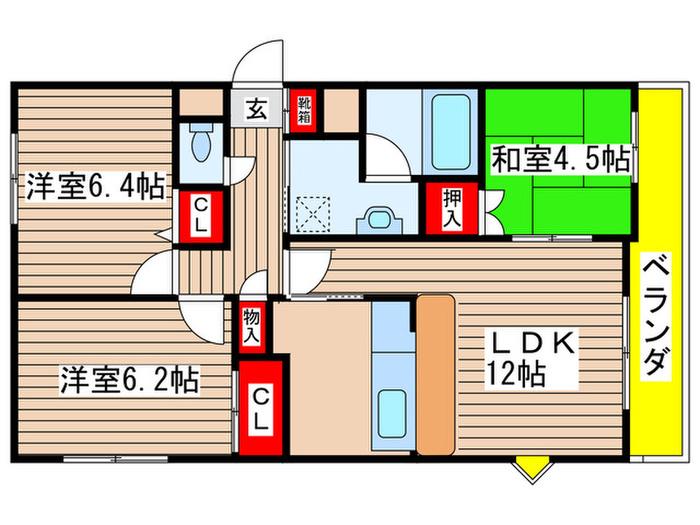 コリーヌ・アンソレイエ(3LDK/2階)の間取り写真