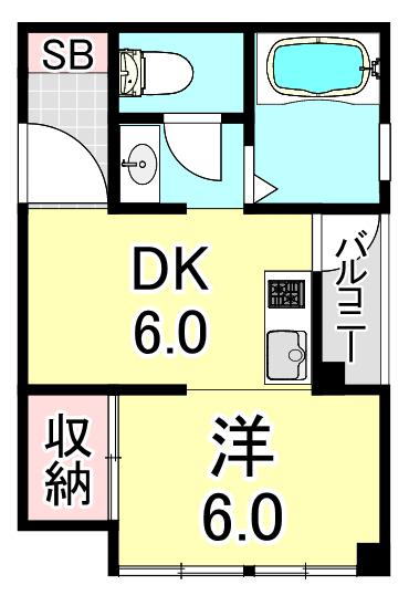 丸山ビル(1DK/6階)の間取り写真