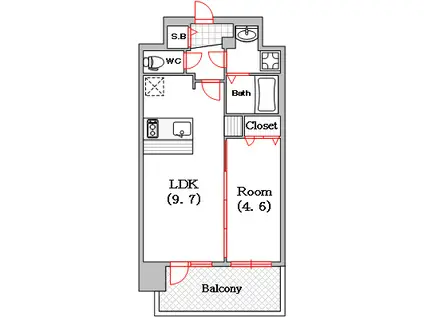 プレサンス四天王寺前夕陽ケ丘(1LDK/4階)の間取り写真