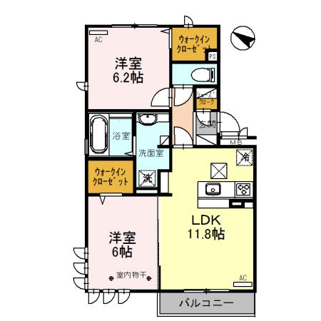 ロイジェントパークスレイクタウンII A(2LDK/2階)の間取り写真