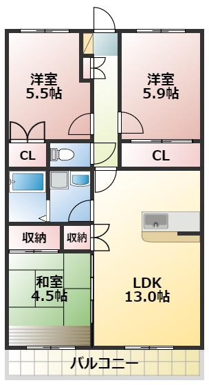 ローズガーデン壱番館(3LDK/1階)の間取り写真