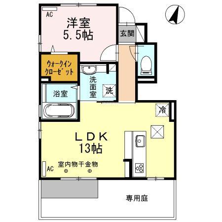 ヴィラフクオカB棟(1LDK/1階)の間取り写真