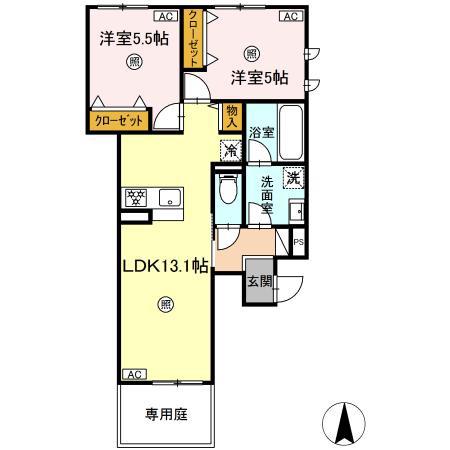ジーヴォ近見(2LDK/1階)の間取り写真