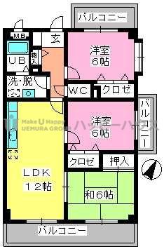 シャトレ天拝(3LDK/4階)の間取り写真