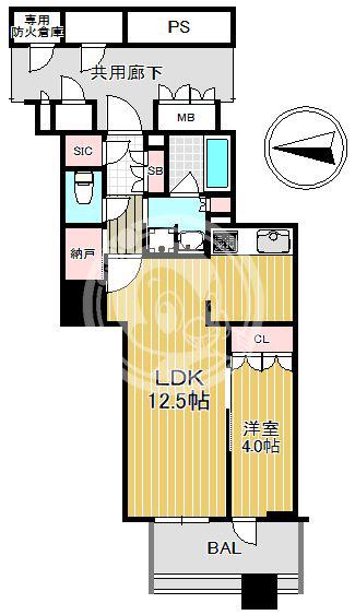 ブランズタワー大阪本町(1LDK/14階)の間取り写真