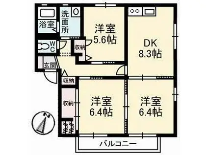 ペルレ E棟(3DK/2階)の間取り写真