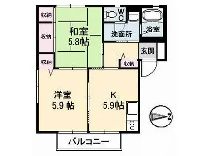 ディアス田の口B棟(2K/2階)の間取り写真