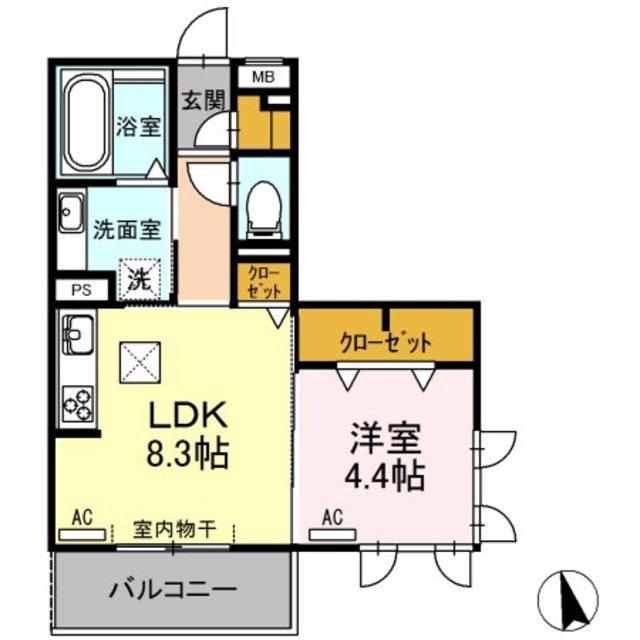 クリア トゥレス B棟(1LDK/2階)の間取り写真