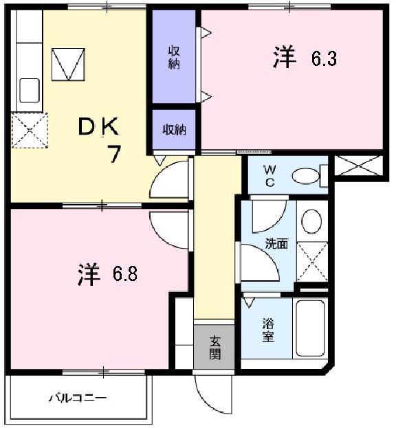 シューベルブヴィラKK(2DK/1階)の間取り写真