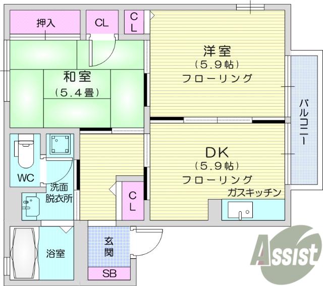 グランドゥール1(2DK/2階)の間取り写真
