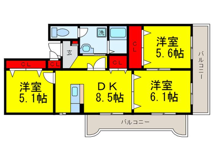 ＪＲおおさか東線 新加美駅 徒歩2分 6階建 築46年(3DK/3階)の間取り写真