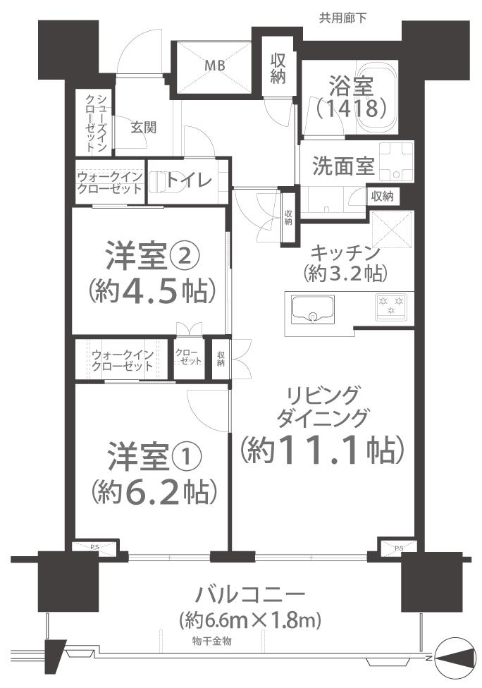 プラウドタワー岡山(2LDK/11階)の間取り写真