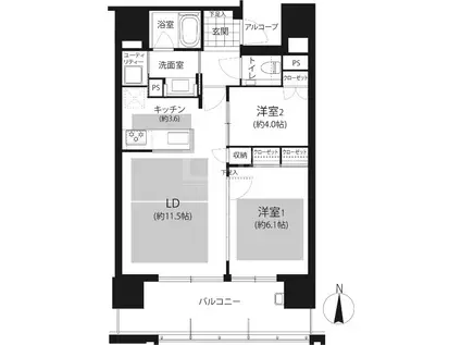 グランドメゾン大手門ザ・レジデンス(2LDK/14階)の間取り写真
