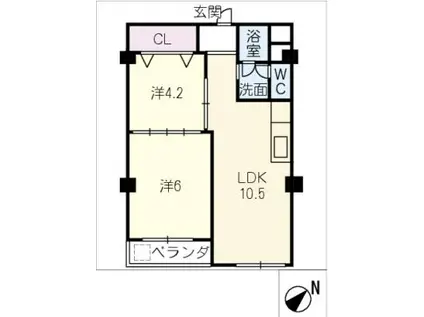 猪子石第3コーポラス504(2LDK/5階)の間取り写真