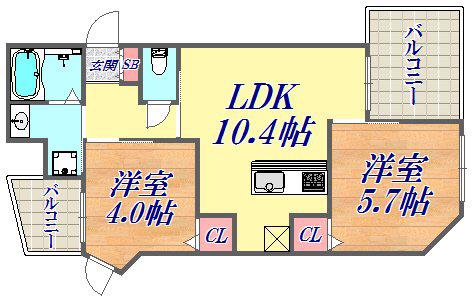 プリオーレ神戸大開通(2LDK/3階)の間取り写真